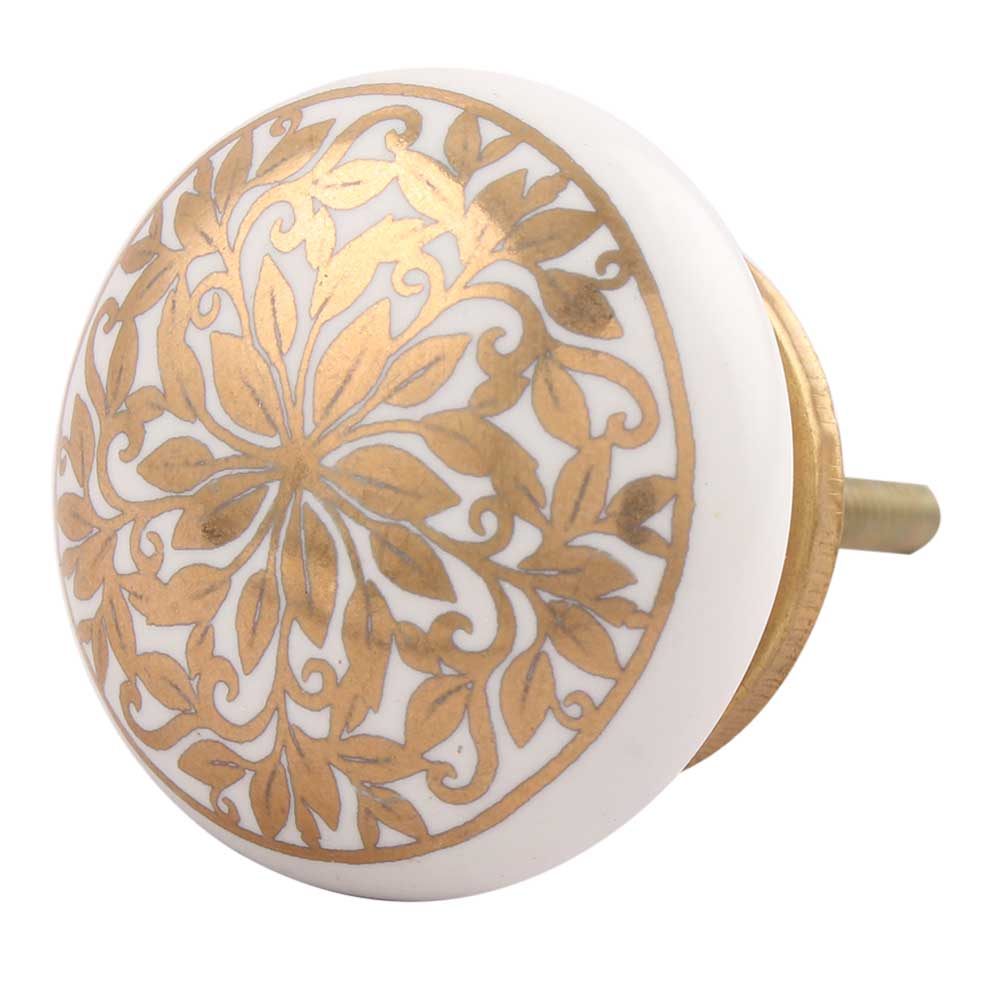 Golden Ornamental Flower Flat Ceramic Cabinet Knob